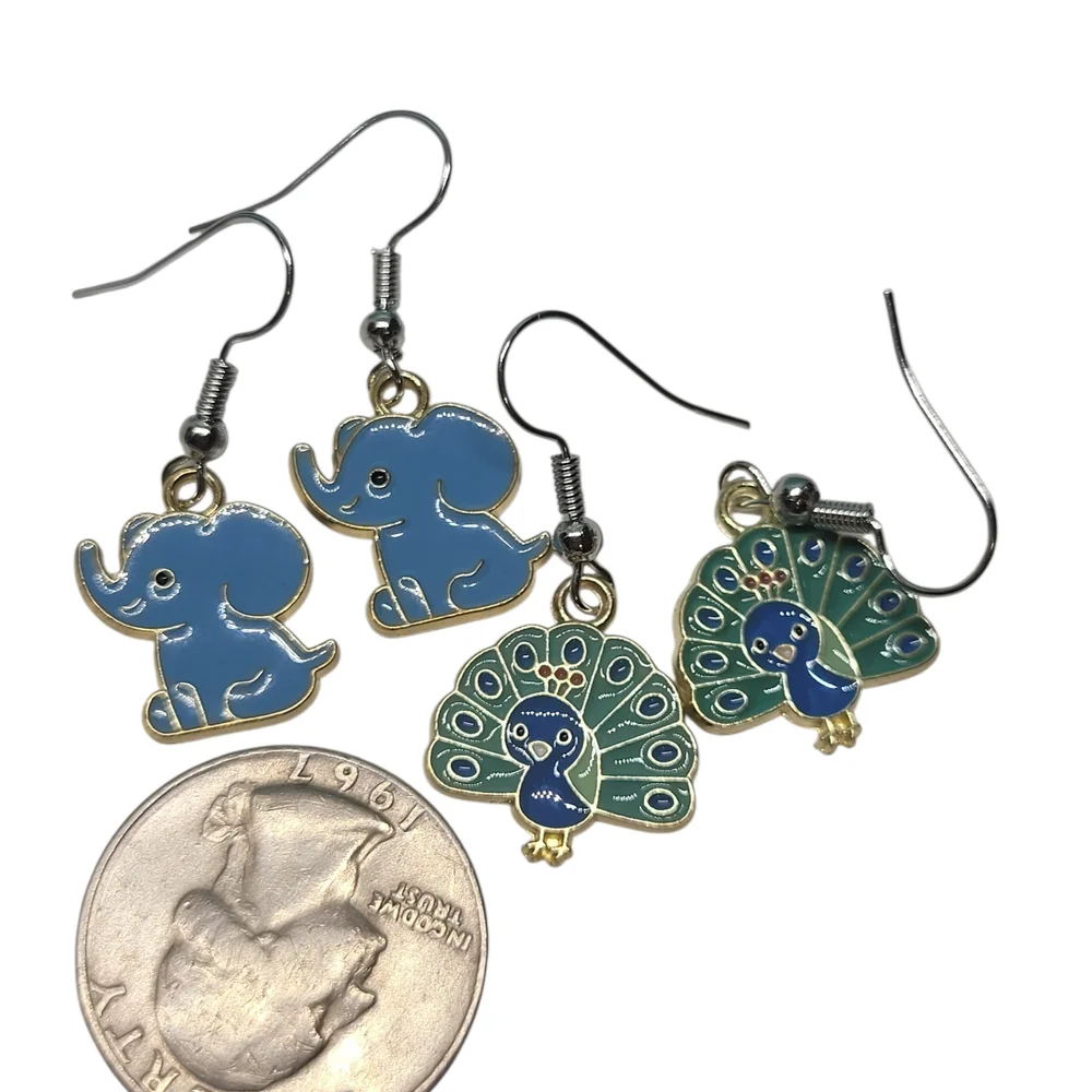 Charming Blue Elephant and Peacock Earrings for Kids